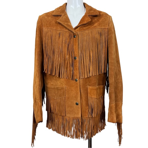 Lariat Tobacco Genuine Suede Leather Fringe Snap Button Western Jacket Size 14 - Picture 2 of 16